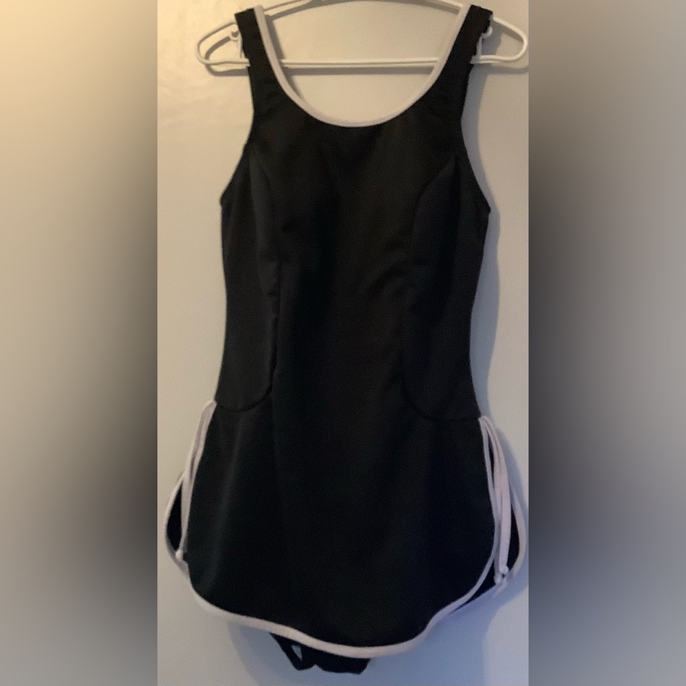 Black One Piece Swimsuit with Skirt & Adjustable Straps